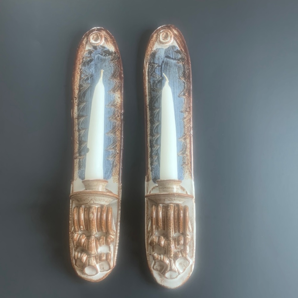 Pair of Studio Art Pottery Glazed Sconce Candle Stick Holders